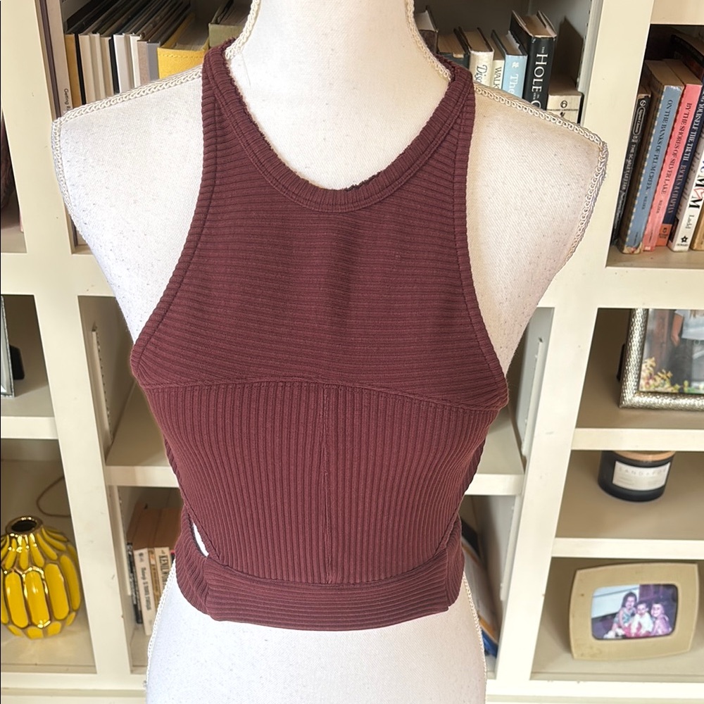 Free People Burgundy Cropped Ribbed Tank Top with Cutouts Size XS‎